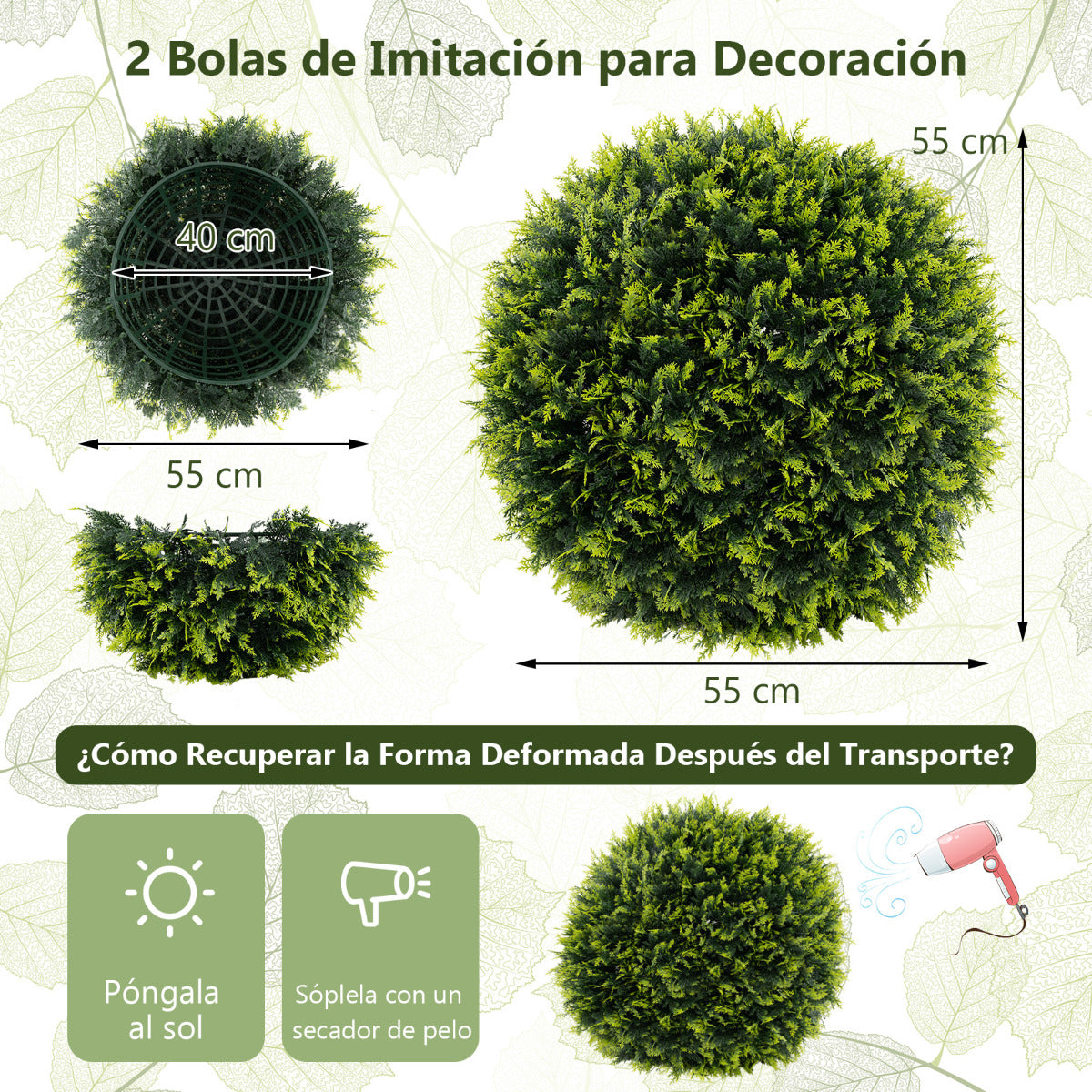 2 Piezas de Planta Artificial Bola de Ciprés 50 cm Bolas Decorativas Falsas para Interiores y Exteriores Esferas de Boj Topiario para Patio