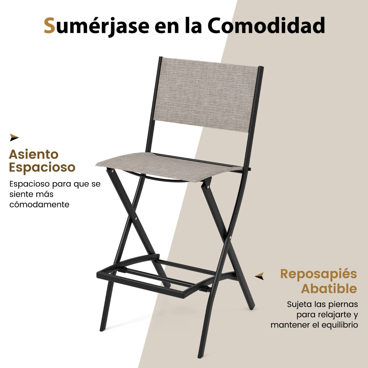 Juego de 2 Sillas Altas Plegable con Estructura de Metal y Reposapiés para Balcón Jardín y Piscina Carga 150 kg 46 x 57 x 102 cm Café