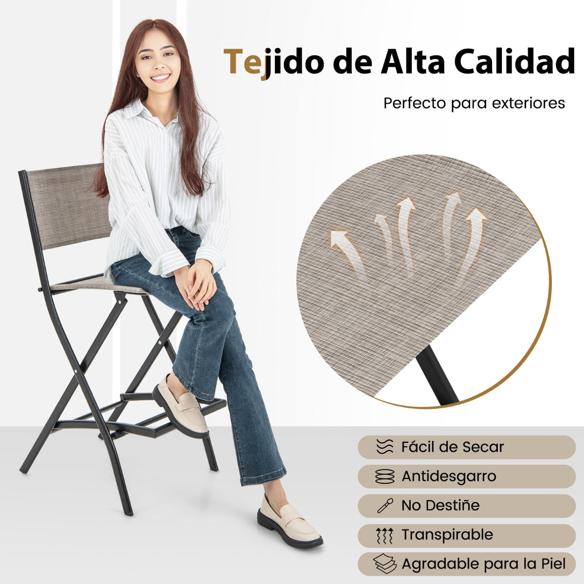 Juego de 2 Sillas Altas Plegable con Estructura de Metal y Reposapiés para Balcón Jardín y Piscina Carga 150 kg 46 x 57 x 102 cm Café