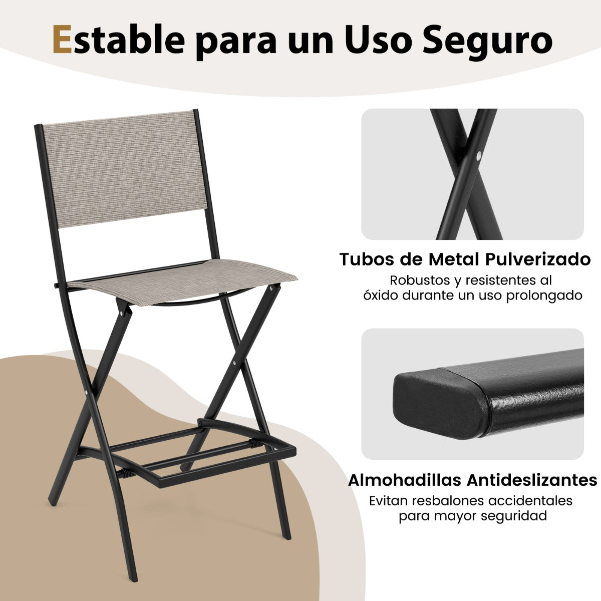 Juego de 2 Sillas Altas Plegable con Estructura de Metal y Reposapiés para Balcón Jardín y Piscina Carga 150 kg 46 x 57 x 102 cm Café