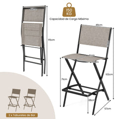 Juego de 2 Sillas Altas Plegable con Estructura de Metal y Reposapiés para Balcón Jardín y Piscina Carga 150 kg 46 x 57 x 102 cm Café