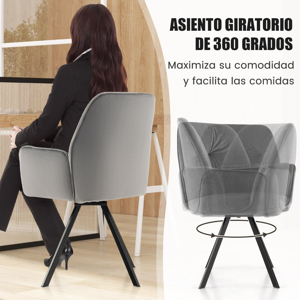 Juego de 2 Sillas Giratorias de Terciopelo Silla de Brazos con Patas de Metal y Almohadillas Antideslizantes 63 x 59 x 87 cm Gris