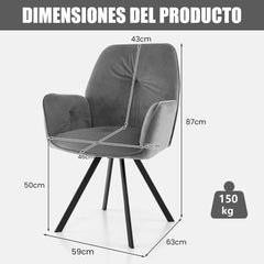 Juego de 2 Sillas Giratorias de Terciopelo Silla de Brazos con Patas de Metal y Almohadillas Antideslizantes 63 x 59 x 87 cm Gris