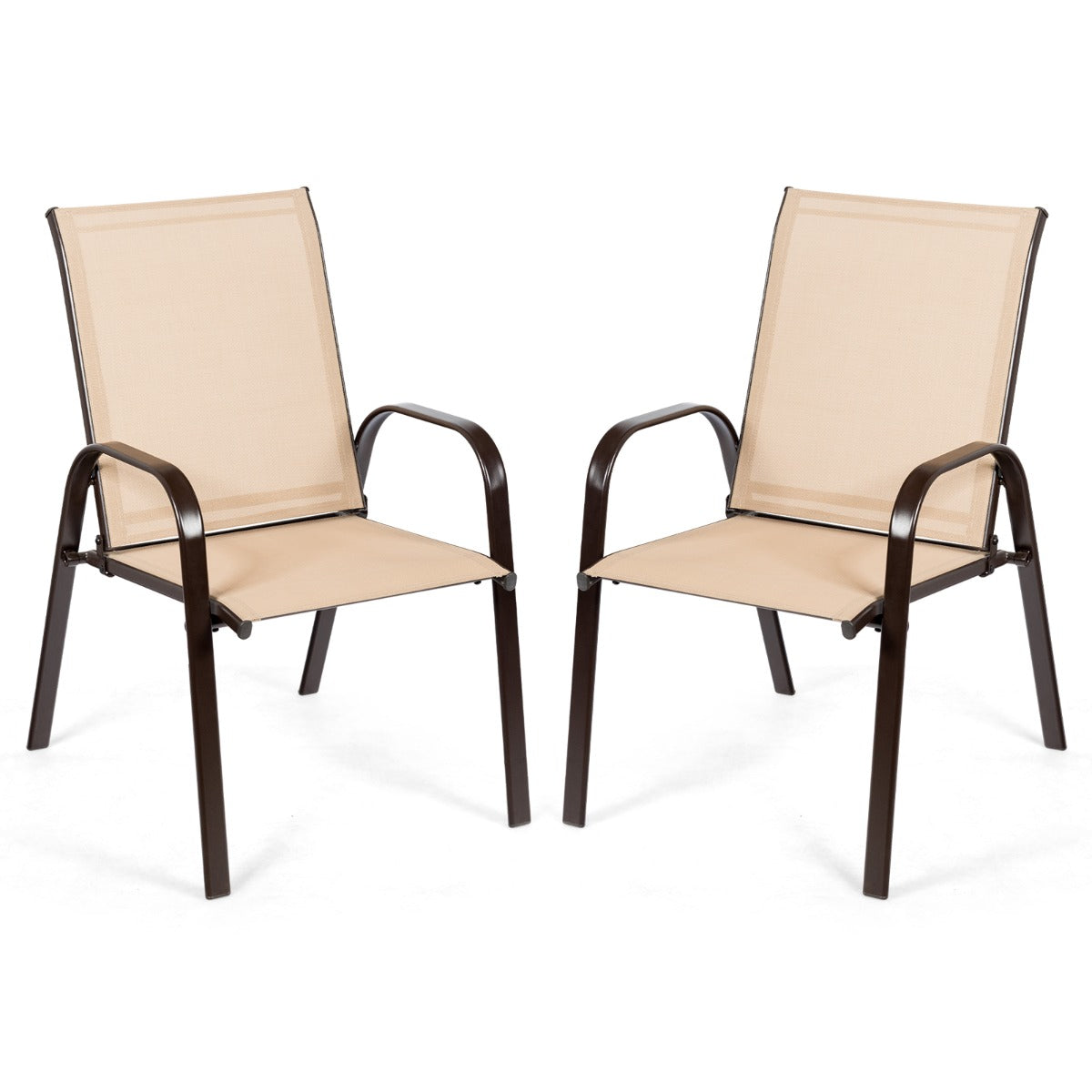 Juego de 2 Sillas de Comedor con Reposabrazos Curvos Tela Fácil de Secar Marco de Metal Reforzado Asiento Ancho para Piscina Marrón