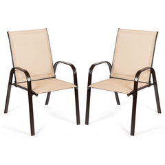 Juego de 2 Sillas de Comedor con Reposabrazos Curvos Tela Fácil de Secar Marco de Metal Reforzado Asiento Ancho para Piscina Marrón