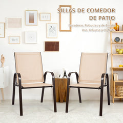 Juego de 2 Sillas de Comedor con Reposabrazos Curvos Tela Fácil de Secar Marco de Metal Reforzado Asiento Ancho para Piscina Marrón