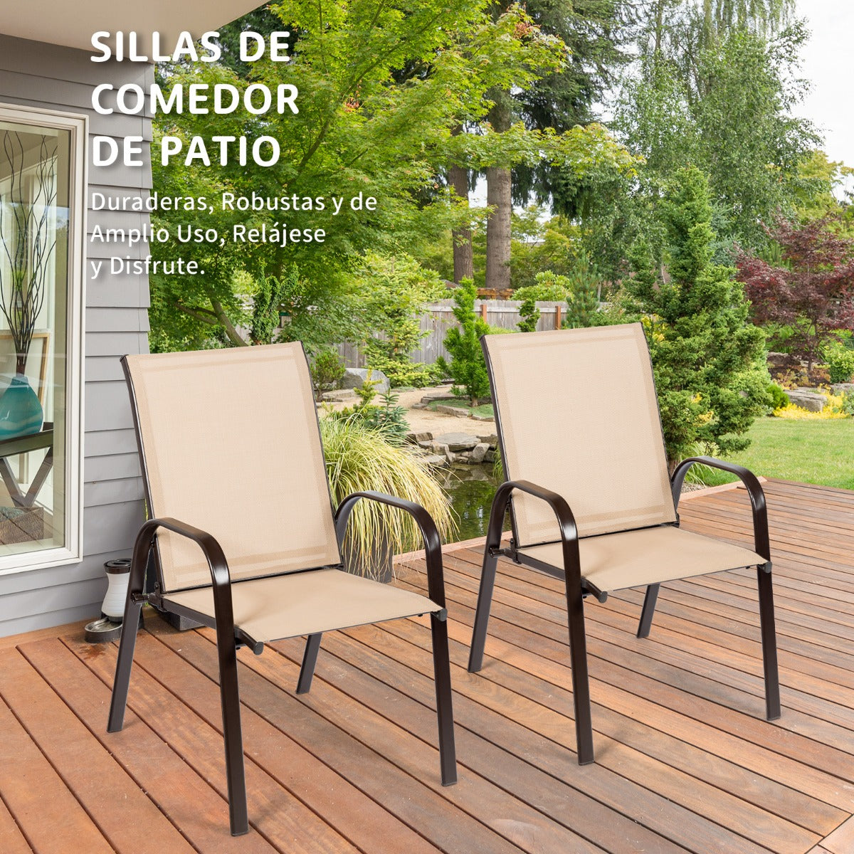 Juego de 2 Sillas de Comedor con Reposabrazos Curvos Tela Fácil de Secar Marco de Metal Reforzado Asiento Ancho para Piscina Marrón