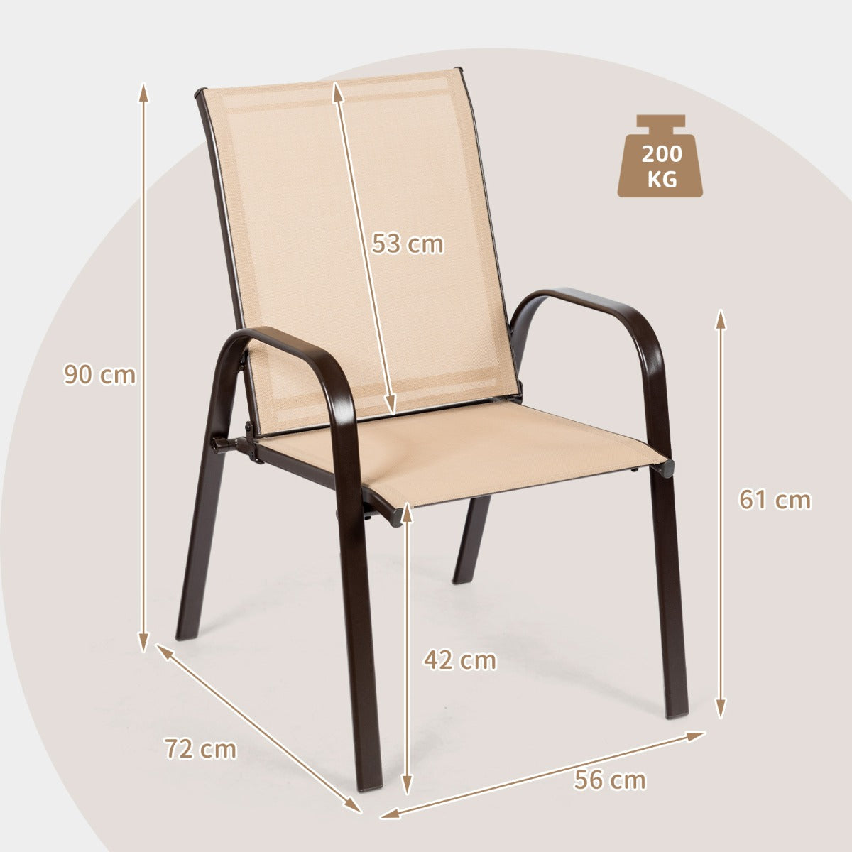 Juego de 2 Sillas de Comedor con Reposabrazos Curvos Tela Fácil de Secar Marco de Metal Reforzado Asiento Ancho para Piscina Marrón
