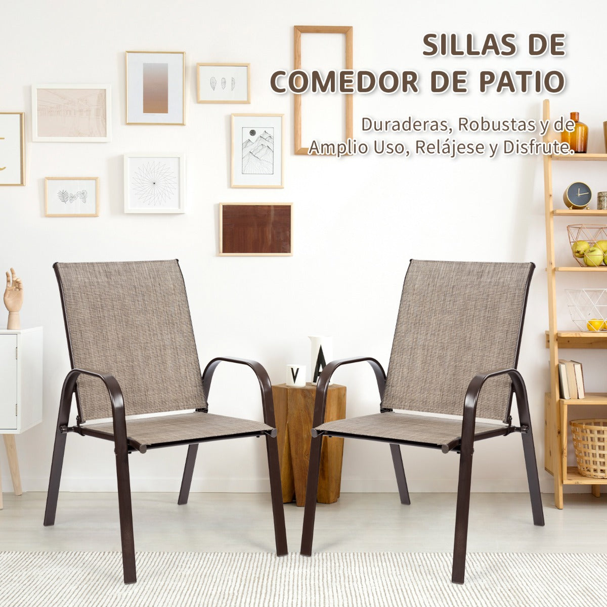 Juego de 2 Sillas de Comedor con Reposabrazos Curvos Tela Fácil de Secar Marco de Metal Reforzado Asiento Ancho para Piscina Gris