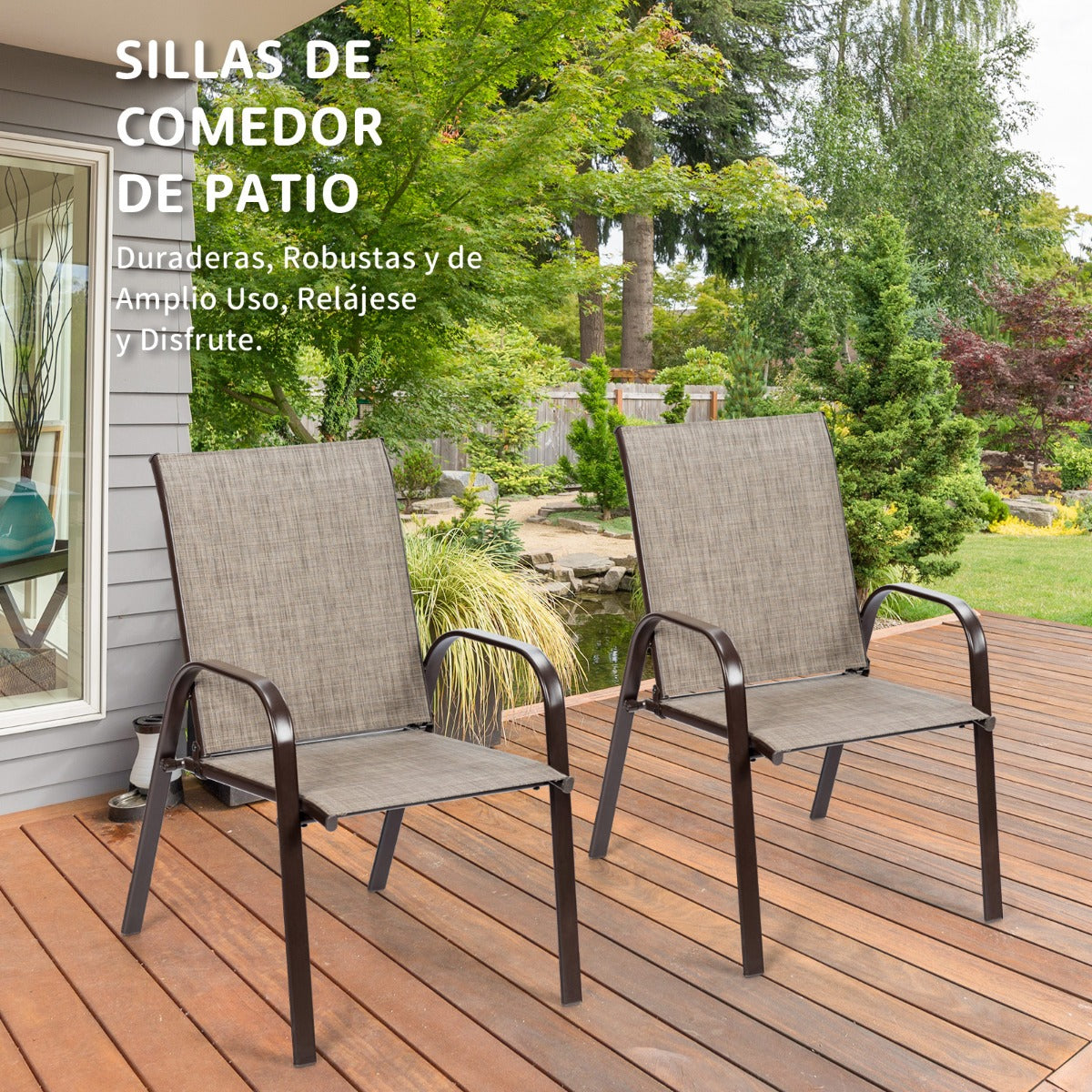 Juego de 2 Sillas de Comedor con Reposabrazos Curvos Tela Fácil de Secar Marco de Metal Reforzado Asiento Ancho para Piscina Gris