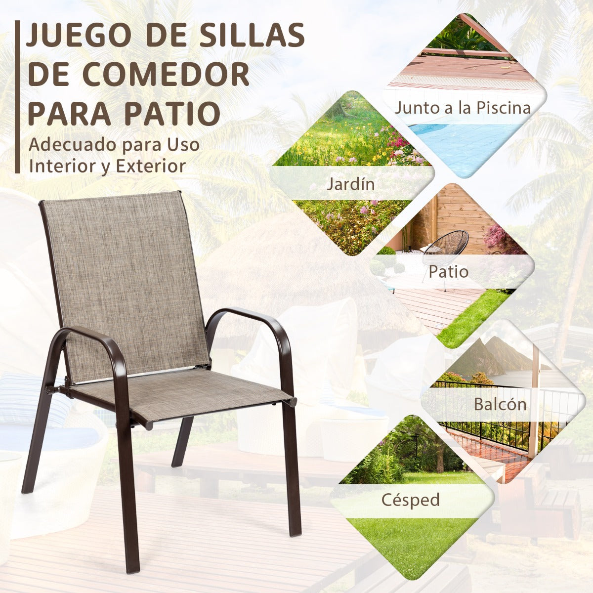 Juego de 2 Sillas de Comedor con Reposabrazos Curvos Tela Fácil de Secar Marco de Metal Reforzado Asiento Ancho para Piscina Gris