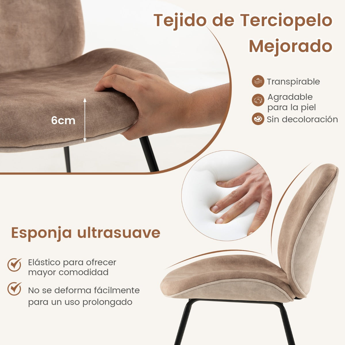 Juego de 2 Sillas de Comedor con Respaldo y Base de Metal Sillas de Terciopelo para Cocina Sala de Estar y Dormitorio 49 x 65 x 87 cm Café