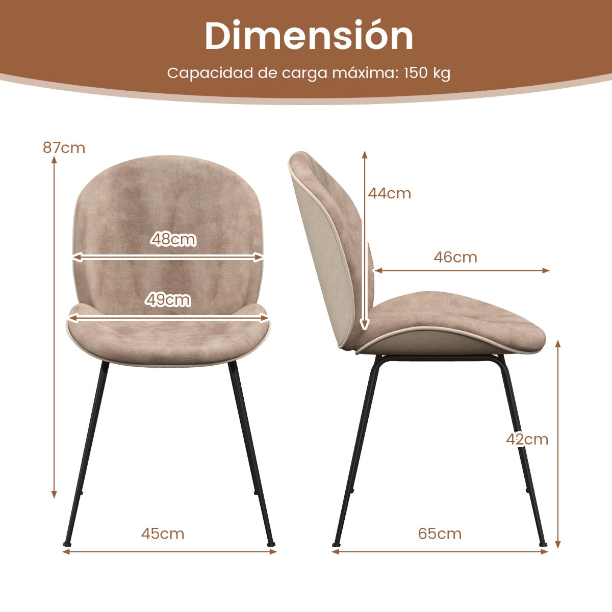Juego de 2 Sillas de Comedor con Respaldo y Base de Metal Sillas de Terciopelo para Cocina Sala de Estar y Dormitorio 49 x 65 x 87 cm Café