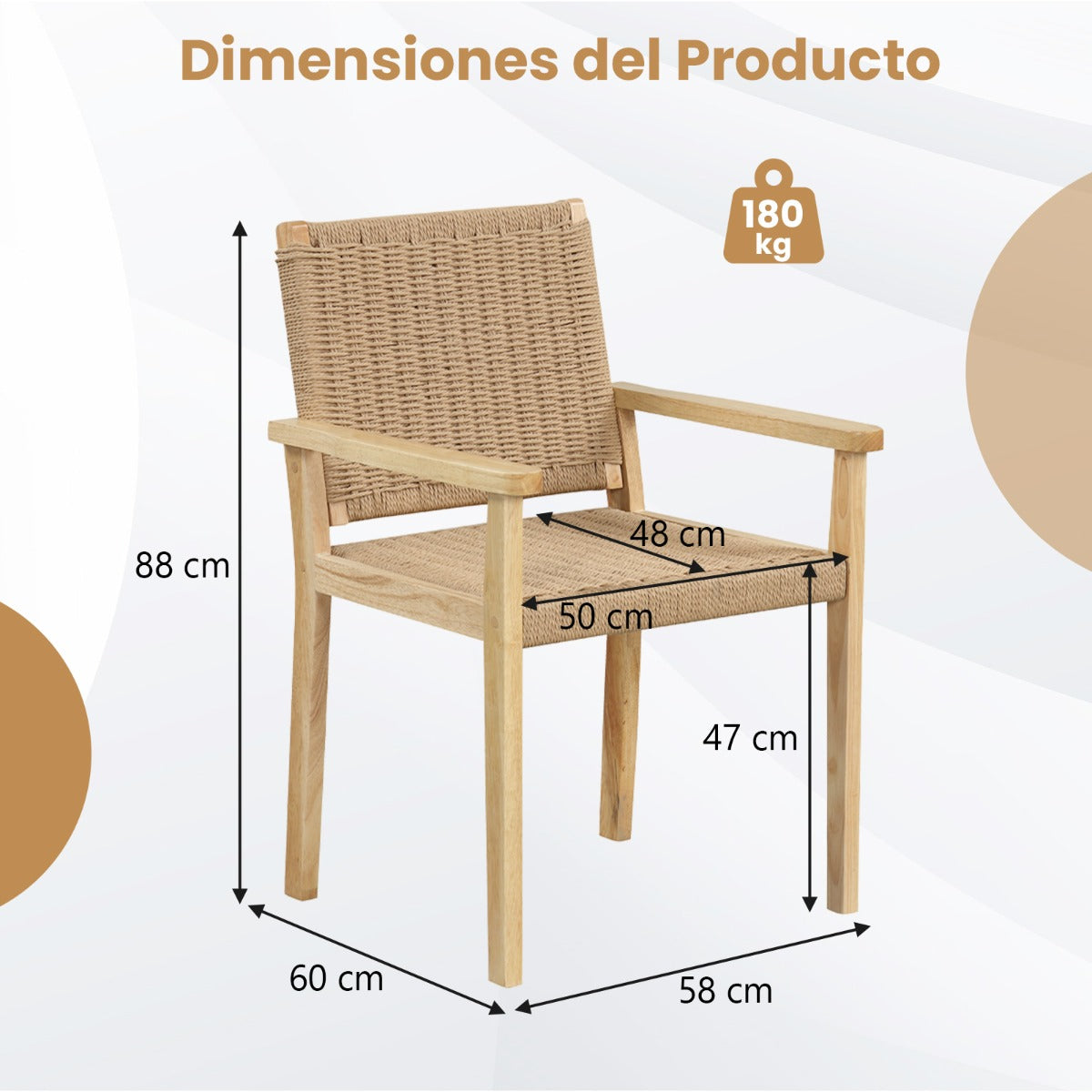 Juego de 2 Sillas de Comedor con Asiento de Papel Trenzado Estructura de Madera de Caucho Sólido para Balcón 60 x 58 x 88 cm Natural
