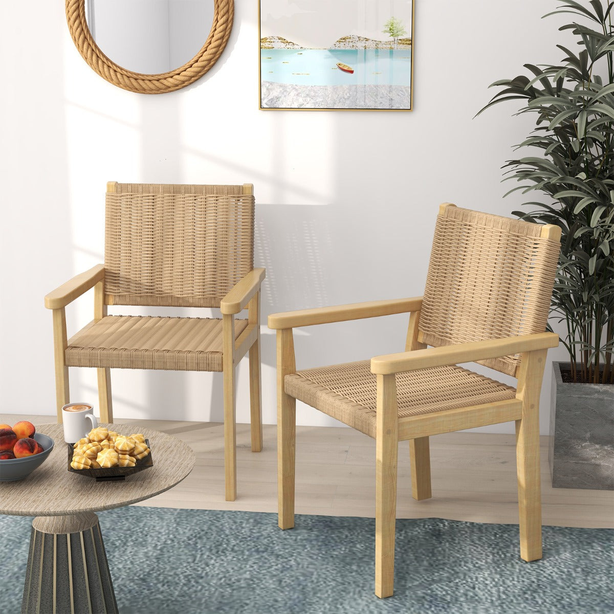 Juego de 2 Sillas de Comedor con Asiento de Papel Trenzado Estructura de Madera de Caucho Sólido para Balcón 60 x 58 x 88 cm Natural