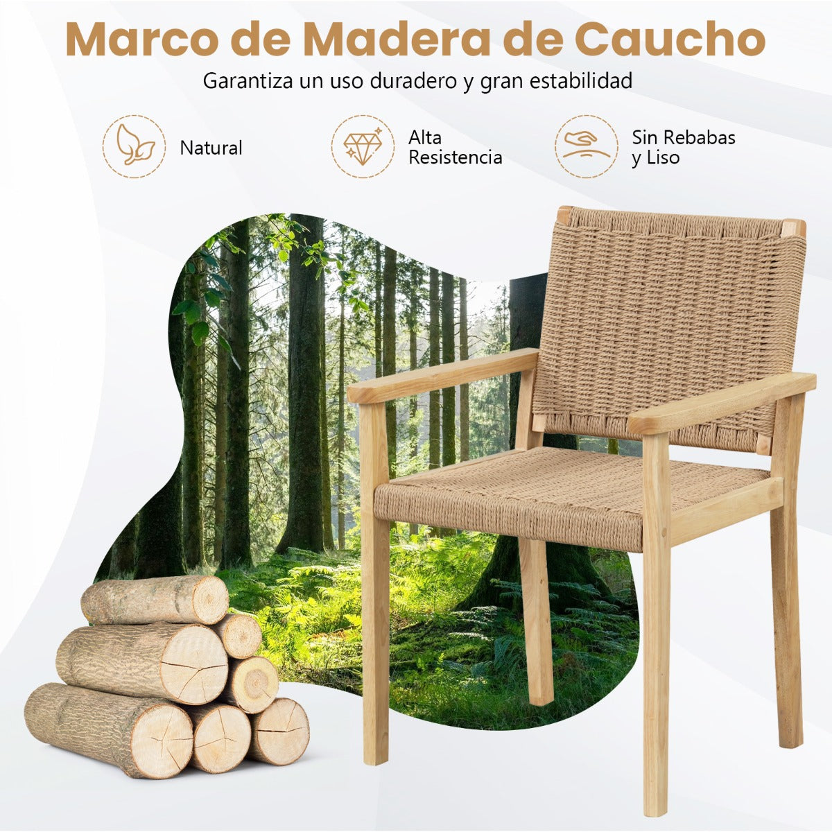 Juego de 2 Sillas de Comedor con Asiento de Papel Trenzado Estructura de Madera de Caucho Sólido para Balcón 60 x 58 x 88 cm Natural