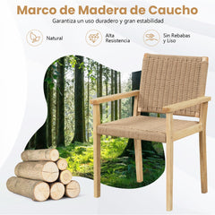 Juego de 2 Sillas de Comedor con Asiento de Papel Trenzado Estructura de Madera de Caucho Sólido para Balcón 60 x 58 x 88 cm Natural