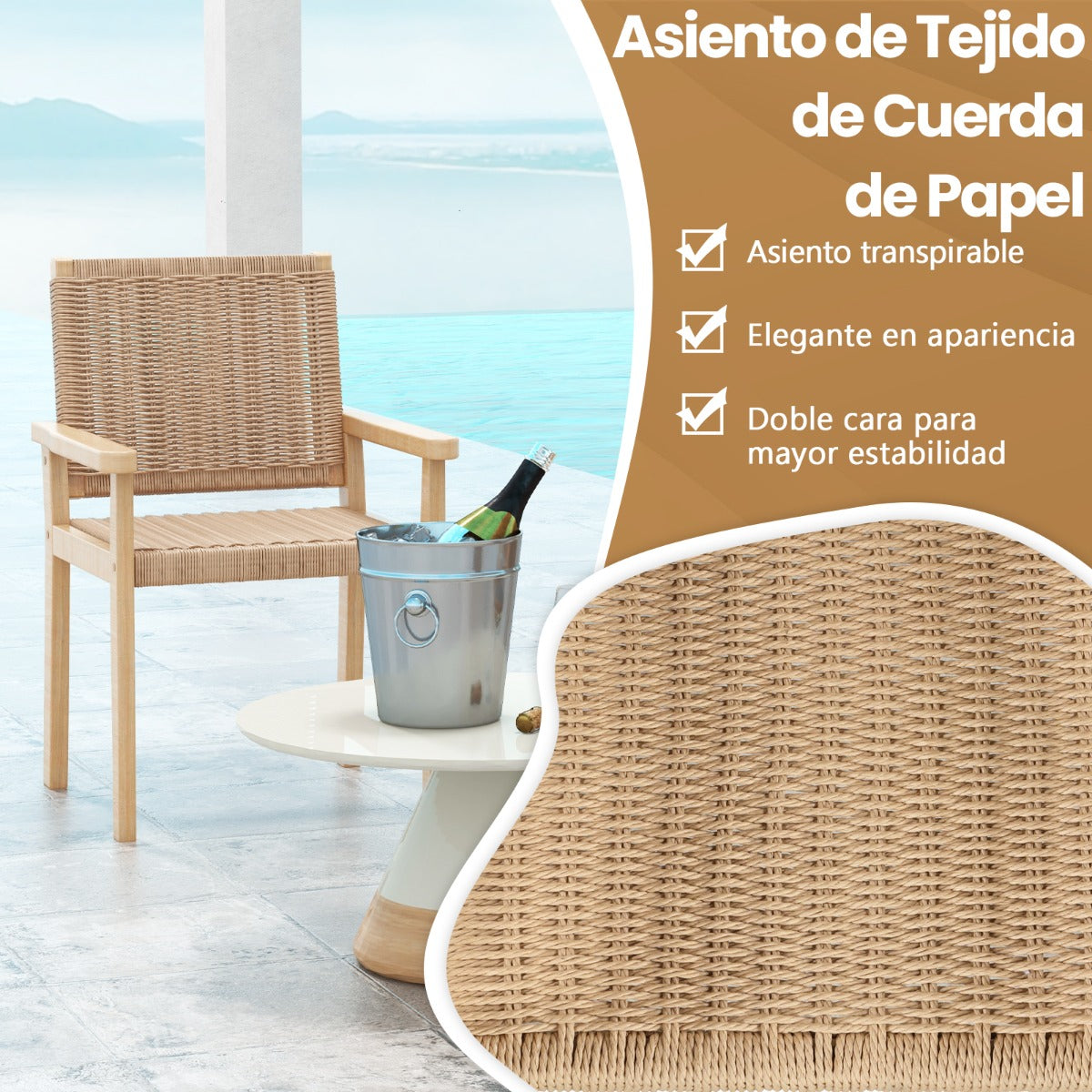 Juego de 2 Sillas de Comedor con Asiento de Papel Trenzado Estructura de Madera de Caucho Sólido para Balcón 60 x 58 x 88 cm Natural