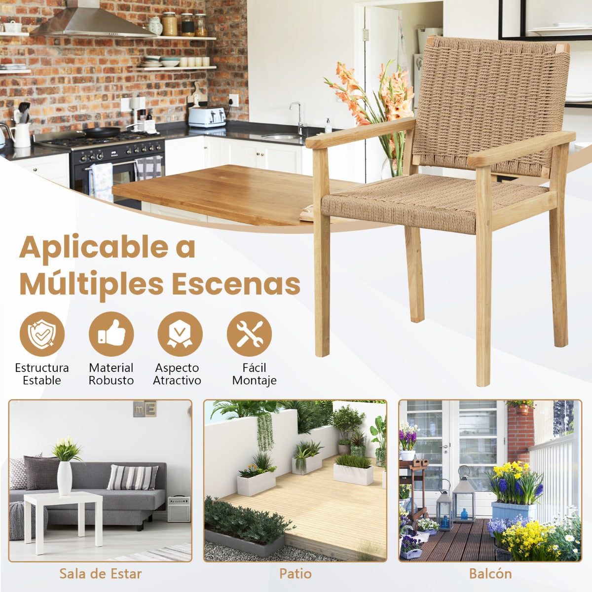 Juego de 2 Sillas de Comedor con Asiento de Papel Trenzado Estructura de Madera de Caucho Sólido para Balcón 60 x 58 x 88 cm Natural