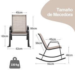 Juego de 2 Sillas Mecedoras Patio Ergonómicas Asiento de Textilene Balanceo Suave Carga 150kg para Exterior Terraza Jardín 91 x 62 x 86 cm