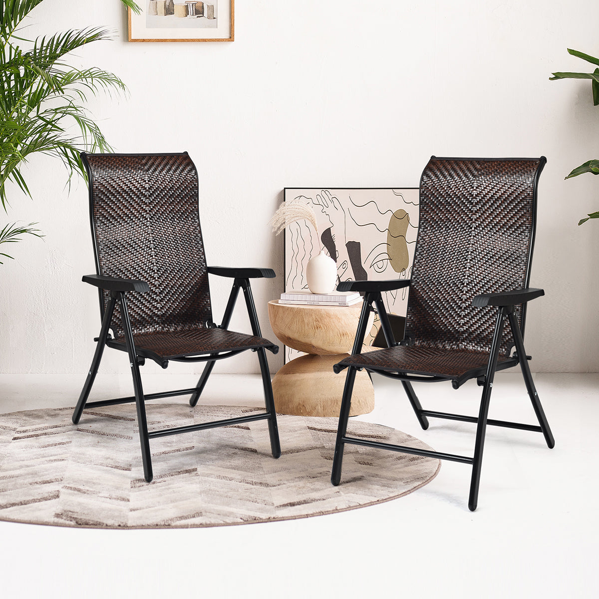 2 Sillas Plegables en Ratán para Patio Sillas Portátiles de Mimbre Altura Regulable para Jardín Balcón Exterior 69 x 58 x 85-112 cm