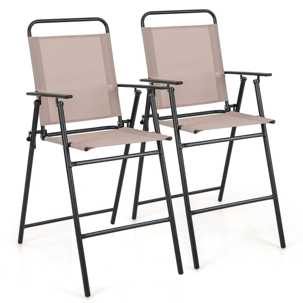 Juego de 2 Taburetes Alto Plegable con Tela Transpirable Estructura de Metal y Reposabrazos Reposapiés para Patio 53 x 69 x 112 cm Beige