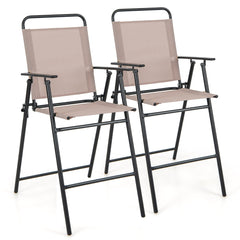 Juego de 2 Taburetes Alto Plegable con Tela Transpirable Estructura de Metal y Reposabrazos Reposapiés para Patio 53 x 69 x 112 cm Beige