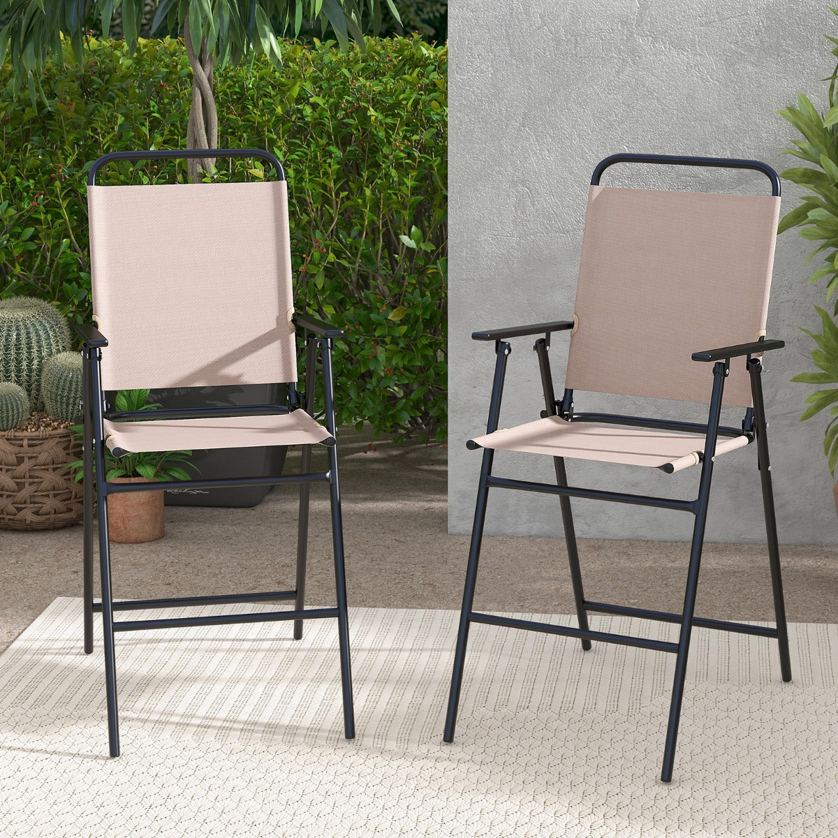 Juego de 2 Taburetes Alto Plegable con Tela Transpirable Estructura de Metal y Reposabrazos Reposapiés para Patio 53 x 69 x 112 cm Beige