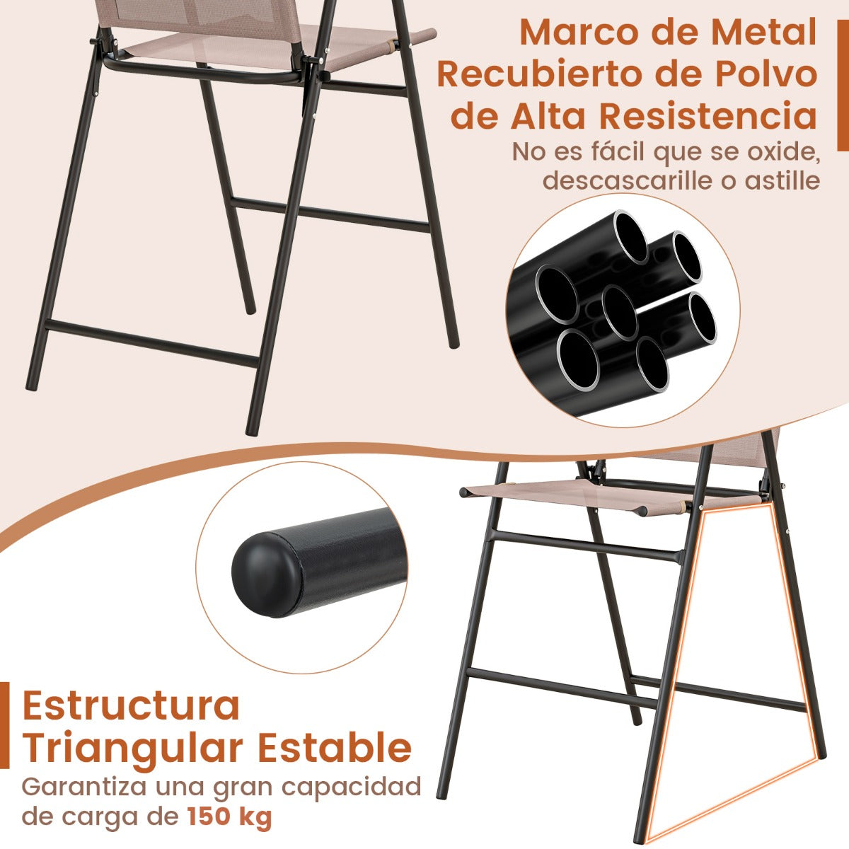 Juego de 2 Taburetes Alto Plegable con Tela Transpirable Estructura de Metal y Reposabrazos Reposapiés para Patio 53 x 69 x 112 cm Beige