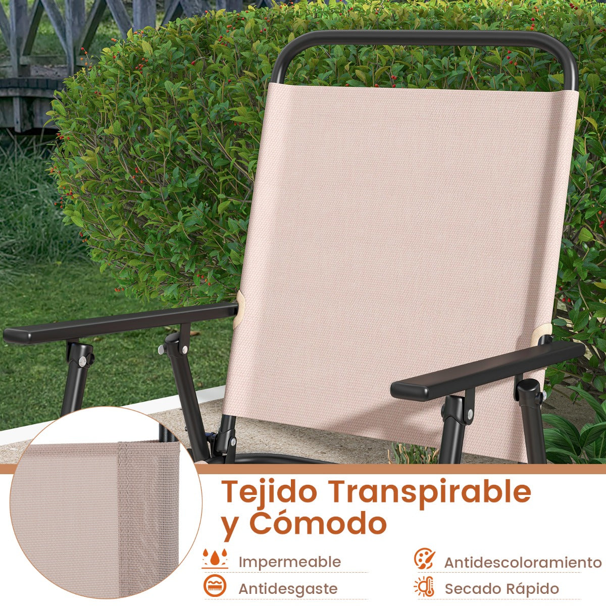 Juego de 2 Taburetes Alto Plegable con Tela Transpirable Estructura de Metal y Reposabrazos Reposapiés para Patio 53 x 69 x 112 cm Beige
