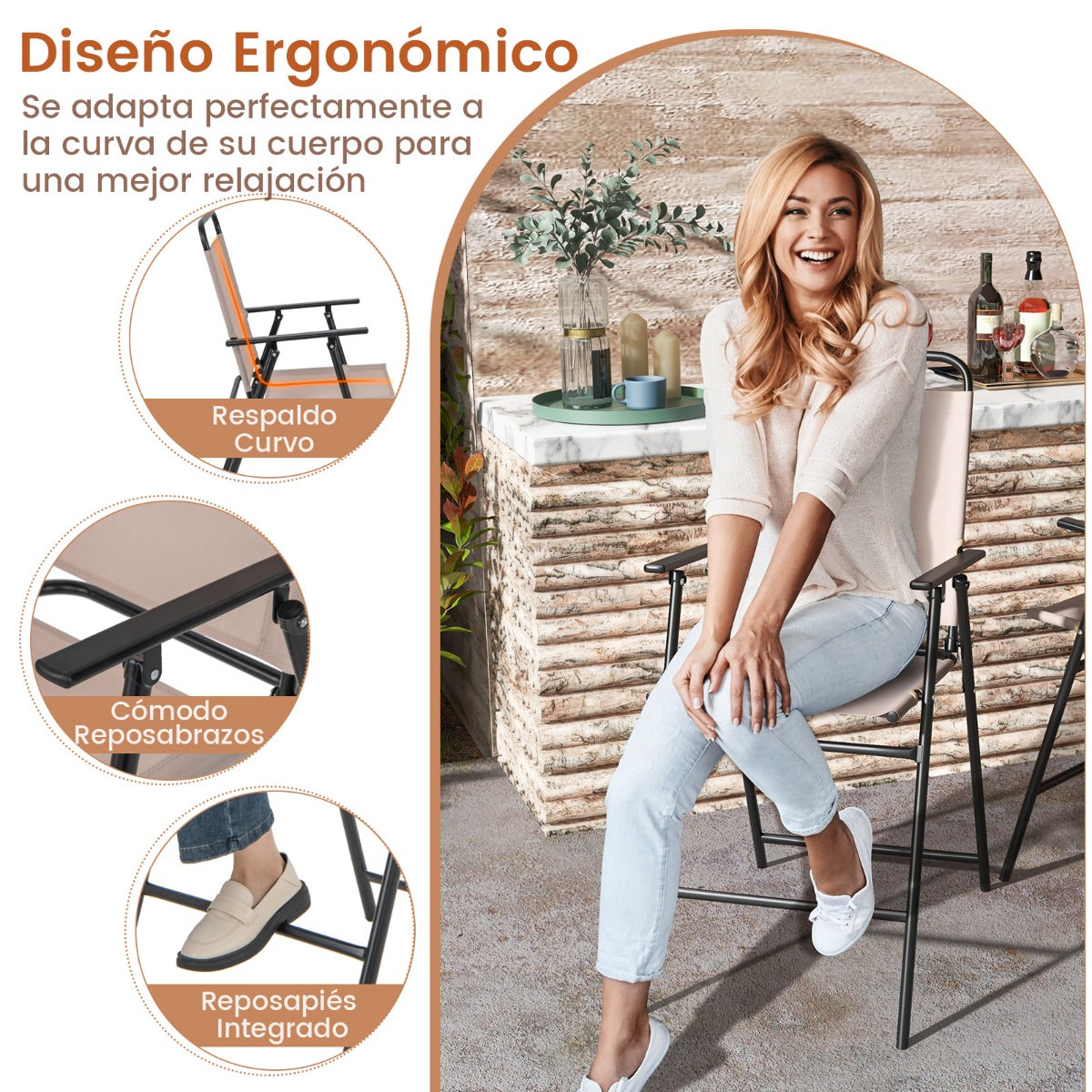 Juego de 2 Taburetes Alto Plegable con Tela Transpirable Estructura de Metal y Reposabrazos Reposapiés para Patio 53 x 69 x 112 cm Beige