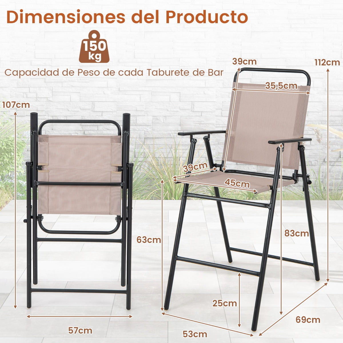 Juego de 2 Taburetes Alto Plegable con Tela Transpirable Estructura de Metal y Reposabrazos Reposapiés para Patio 53 x 69 x 112 cm Beige