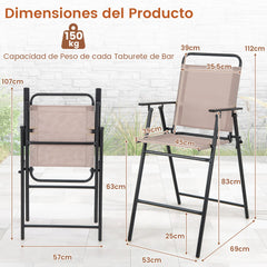 Juego de 2 Taburetes Alto Plegable con Tela Transpirable Estructura de Metal y Reposabrazos Reposapiés para Patio 53 x 69 x 112 cm Beige