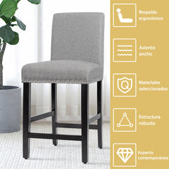 Juego de 2 Taburetes de Bar de Altura de Mostrador con Patas de Madera de Tela de Lino Transpirable para Cocina 42,5 x 53 x 96 cm Gris