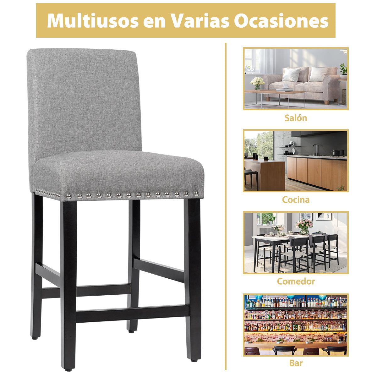 Juego de 2 Taburetes de Bar de Altura de Mostrador con Patas de Madera de Tela de Lino Transpirable para Cocina 42,5 x 53 x 96 cm Gris