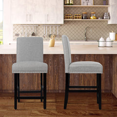 Juego de 2 Taburetes de Bar de Altura de Mostrador con Patas de Madera de Tela de Lino Transpirable para Cocina 42,5 x 53 x 96 cm Gris