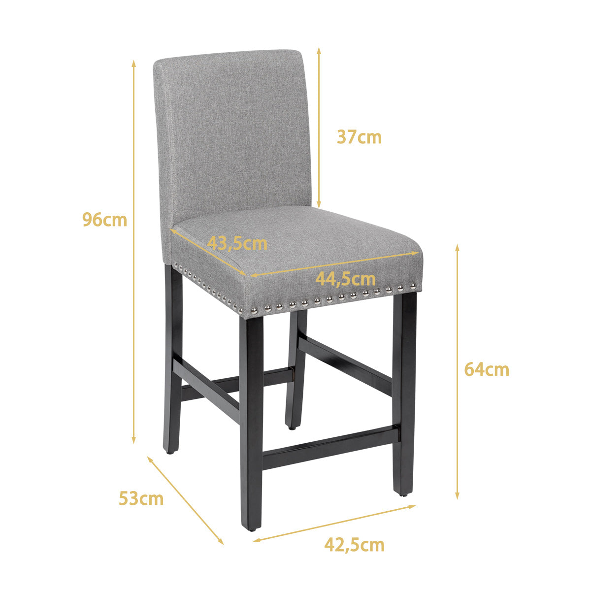 Juego de 2 Taburetes de Bar de Altura de Mostrador con Patas de Madera de Tela de Lino Transpirable para Cocina 42,5 x 53 x 96 cm Gris