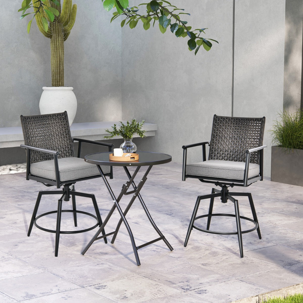 Juego de 2 Taburetes Altos de Cocina Giratorios con Respaldo de Ratán PE Cojín y Reposapiés Acolchados Extraíbles 55 x 68 x 106 cm Negro