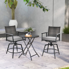 Juego de 2 Taburetes Altos de Cocina Giratorios con Respaldo de Ratán PE Cojín y Reposapiés Acolchados Extraíbles 55 x 68 x 106 cm Negro