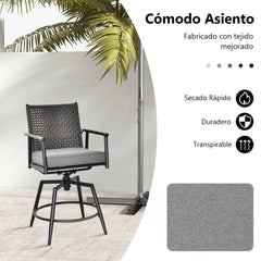 Juego de 2 Taburetes Altos de Cocina Giratorios con Respaldo de Ratán PE Cojín y Reposapiés Acolchados Extraíbles 55 x 68 x 106 cm Negro
