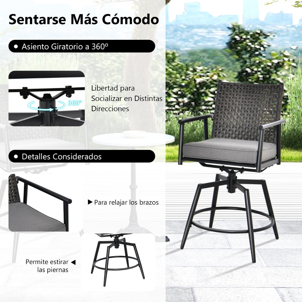 Juego de 2 Taburetes Altos de Cocina Giratorios con Respaldo de Ratán PE Cojín y Reposapiés Acolchados Extraíbles 55 x 68 x 106 cm Negro