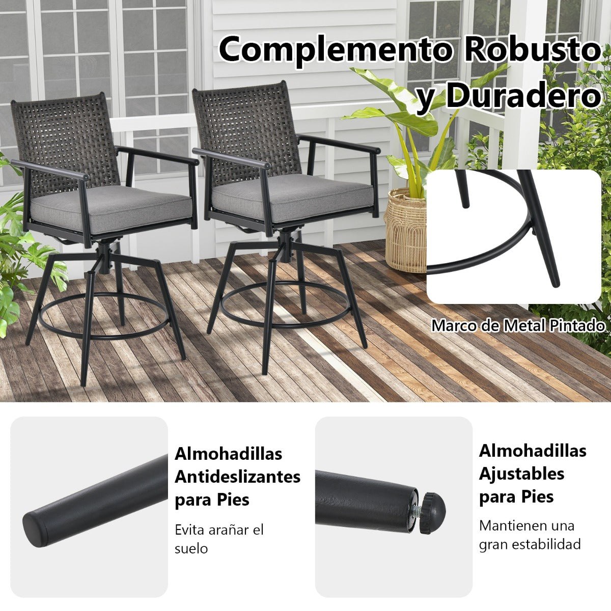 Juego de 2 Taburetes Altos de Cocina Giratorios con Respaldo de Ratán PE Cojín y Reposapiés Acolchados Extraíbles 55 x 68 x 106 cm Negro