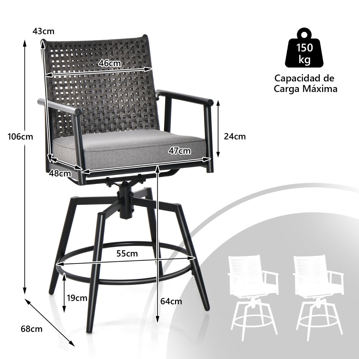 Juego de 2 Taburetes Altos de Cocina Giratorios con Respaldo de Ratán PE Cojín y Reposapiés Acolchados Extraíbles 55 x 68 x 106 cm Negro