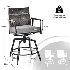 Juego de 2 Taburetes Altos de Cocina Giratorios con Respaldo de Ratán PE Cojín y Reposapiés Acolchados Extraíbles 55 x 68 x 106 cm Negro