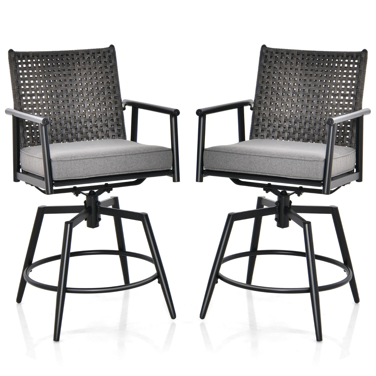 Juego de 2 Taburetes Altos de Cocina Giratorios con Respaldo de Ratán PE Cojín y Reposapiés Acolchados Extraíbles 55 x 68 x 106 cm Negro