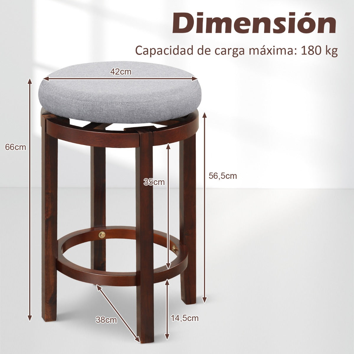 Juego de 2 Taburetes Giratorios de Altura de Mostrador con Cojín Acolchado y Patas de Madera para Cocina Comedor Bar 42 x 42 x 66 cm Gris