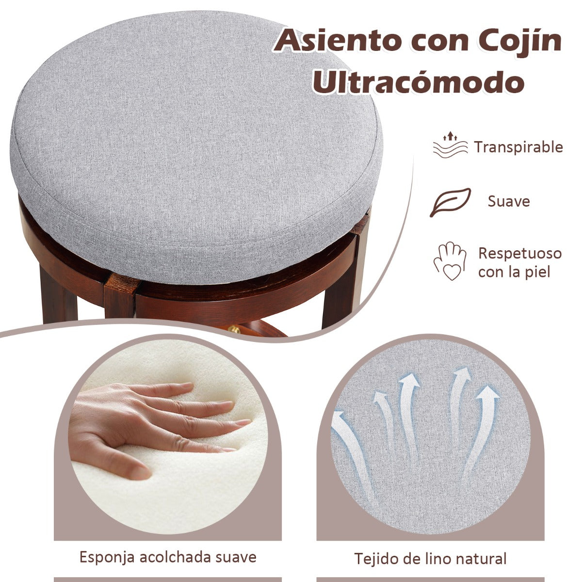 Juego de 2 Taburetes Giratorios de Altura de Mostrador con Cojín Acolchado y Patas de Madera para Cocina Comedor Bar 42 x 42 x 66 cm Gris