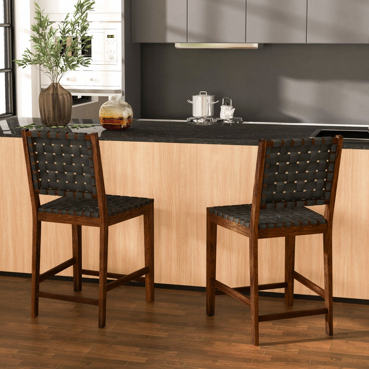 Set de 2 Sillas de Madera de Comedor con Correas de Cuero PU y Respaldo Cómodo para Cocina Bar y Restaurante 52 x 58,5 x 101 cm Marrón
