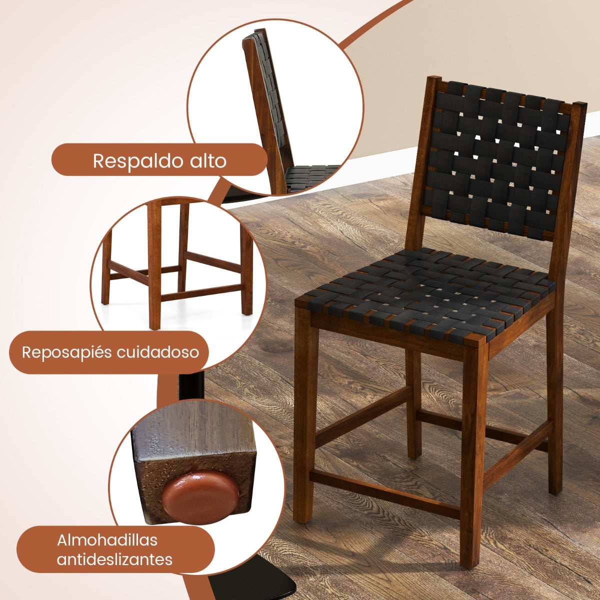 Set de 2 Sillas de Madera de Comedor con Correas de Cuero PU y Respaldo Cómodo para Cocina Bar y Restaurante 52 x 58,5 x 101 cm Marrón