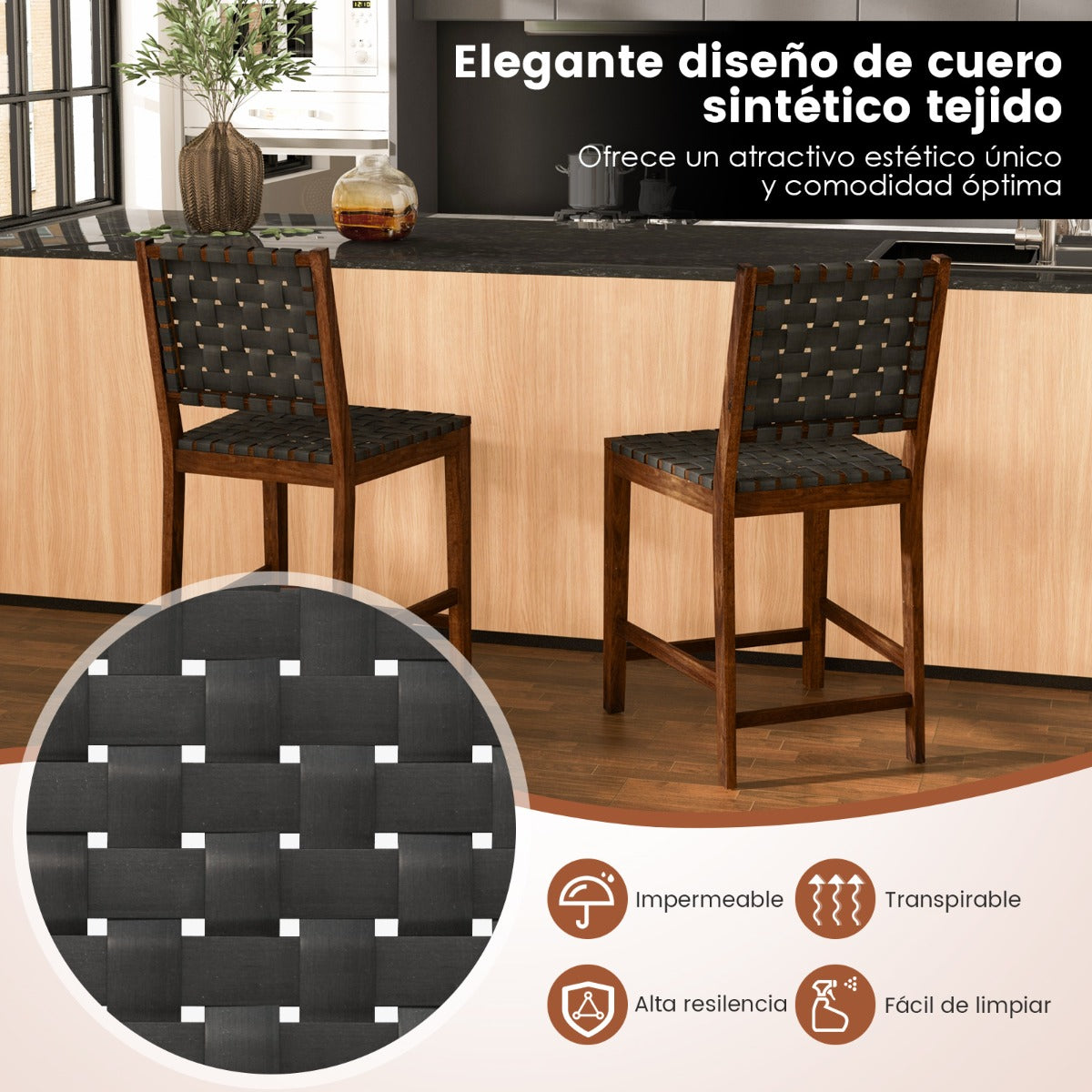 Set de 2 Sillas de Madera de Comedor con Correas de Cuero PU y Respaldo Cómodo para Cocina Bar y Restaurante 52 x 58,5 x 101 cm Marrón